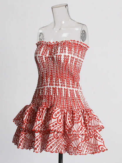 Colourblock Embroidery Women's Strapless Sleeveless High Waist Patchwork Folds Slimming Dresses - The Clothing Company Sydney