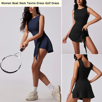 Women's Tennis Dress with Built in Shorts Athletic Dresses Sleeveless Boat Neck Active Workout Skort Dress - The Clothing Company Sydney