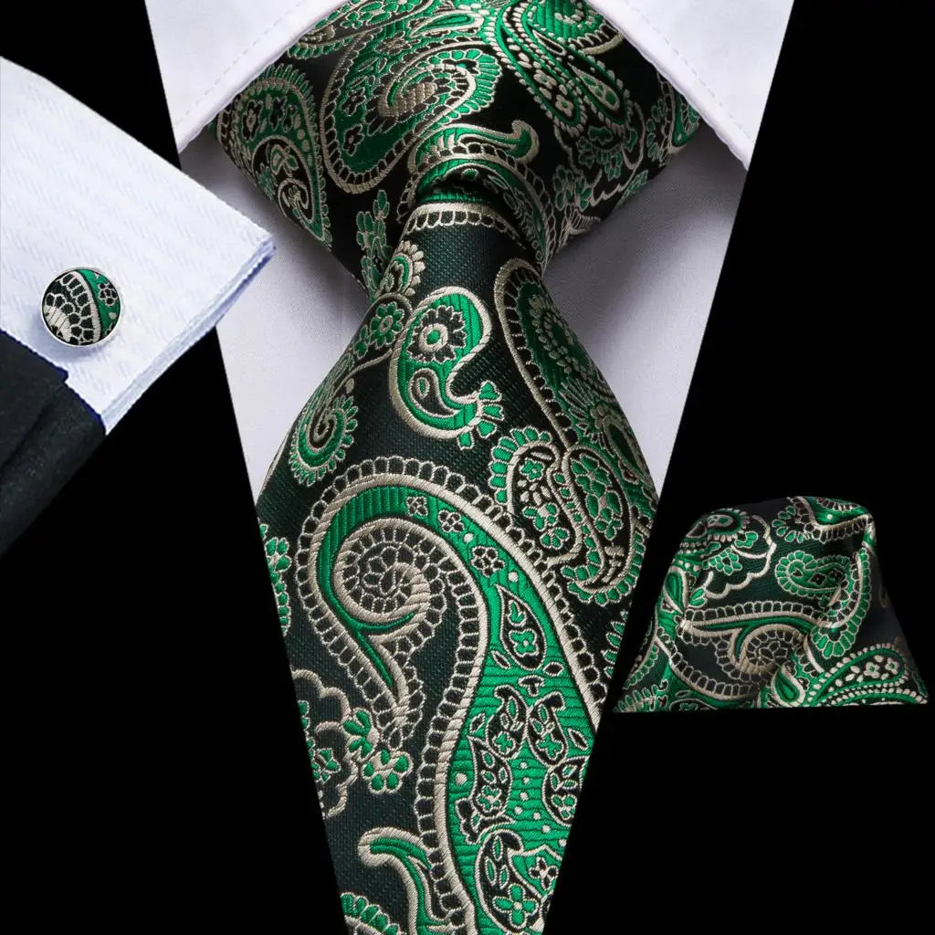Green Paisley Silk Tie Set for Men – Necktie, Pocket Square & Cufflinks The Clothing Company Sydney