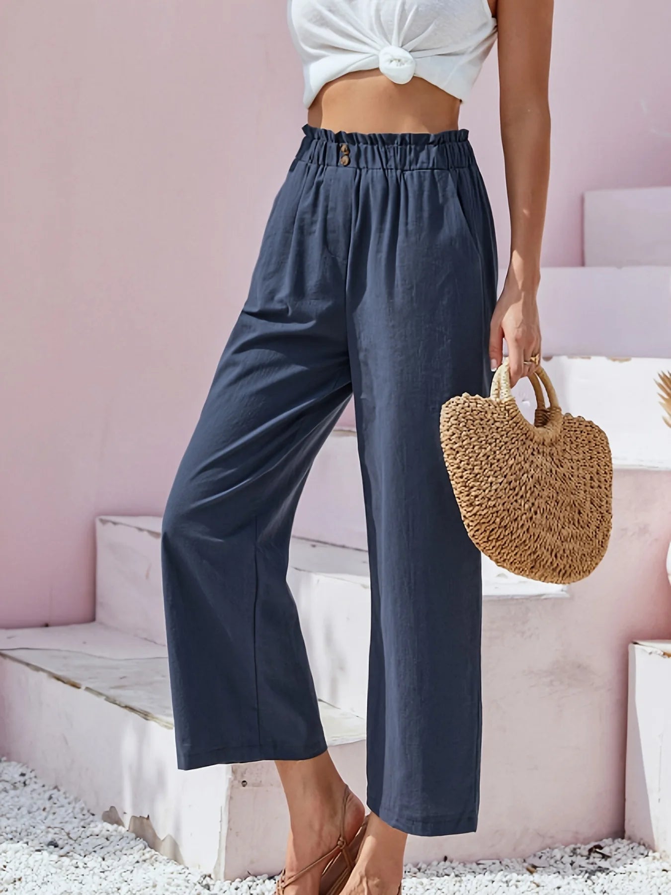 Women's Cotton Linen Loose Wide Leg Pants Summer Female High Elastic Waist Button Casual Streetwear Trousers The Clothing Company Sydney