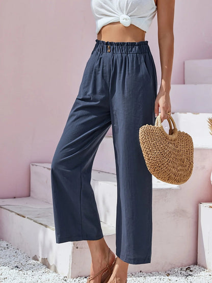 Women's Cotton Linen Loose Wide Leg Pants Summer Female High Elastic Waist Button Casual Streetwear Trousers The Clothing Company Sydney