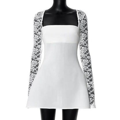 Lace Patchwork Waist Wrap A-line Mini Autumn Winter Dress Backless Club Party Evening Dresses - The Clothing Company Sydney