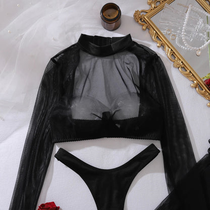 4 Piece Lingerie See Through Long Sleeve Top Brief with Stockings Intimate Party Night Outfit Set The Clothing Company Sydney