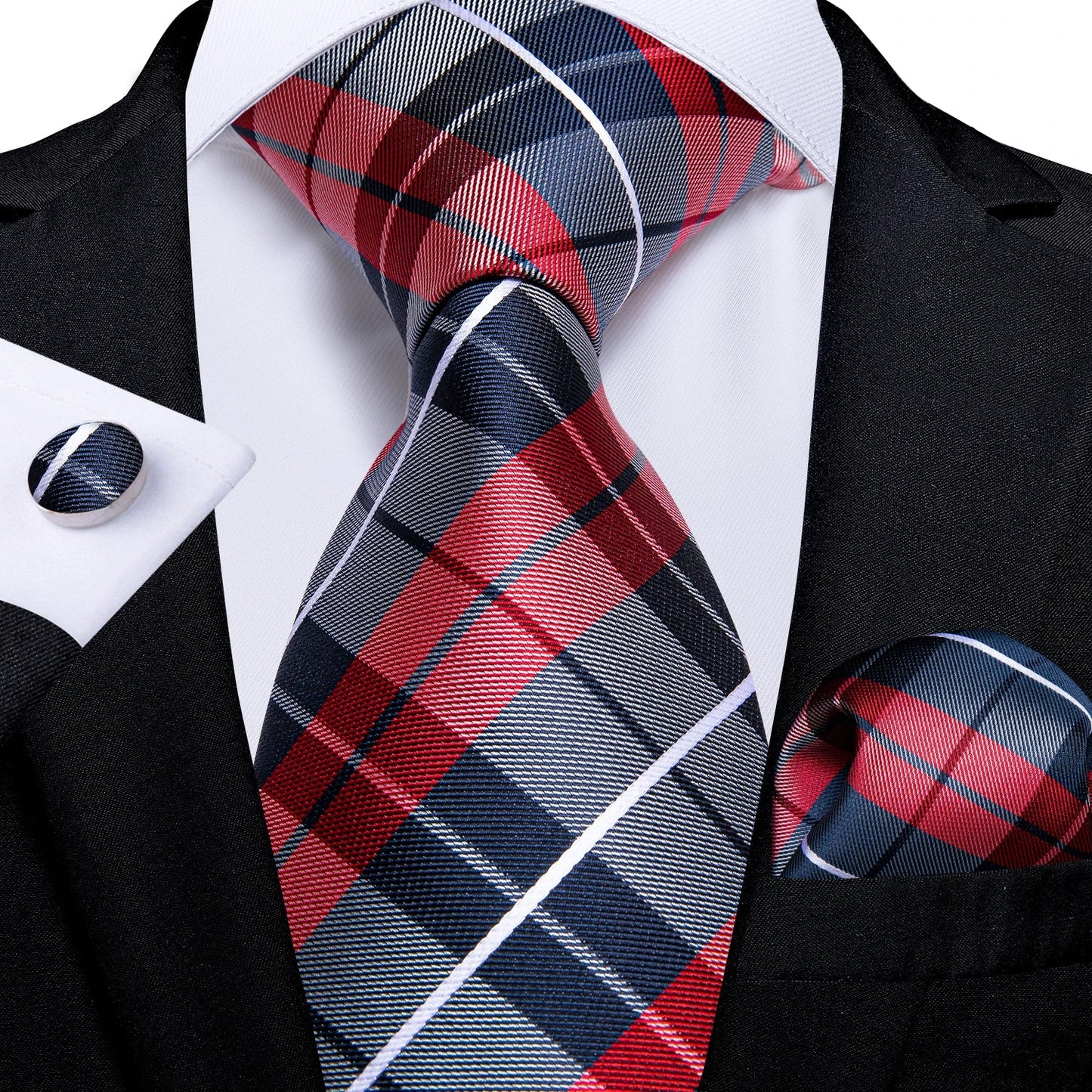 Plaid Print Men's Tie Set 8cm Width Neck Tie Handkerchief Cufflinks Business Wedding Tie Gift Set The Clothing Company Sydney
