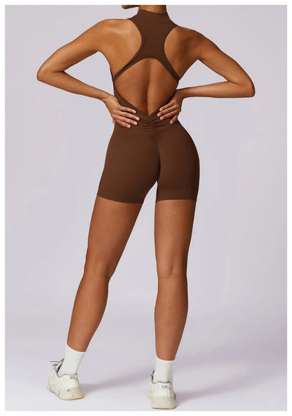 V Back Scrunch Sports Jumpsuit Women Gym Rompers Sleeveless Sportswear Zipper One-Piece Suit Yoga Clothing - The Clothing Company Sydney