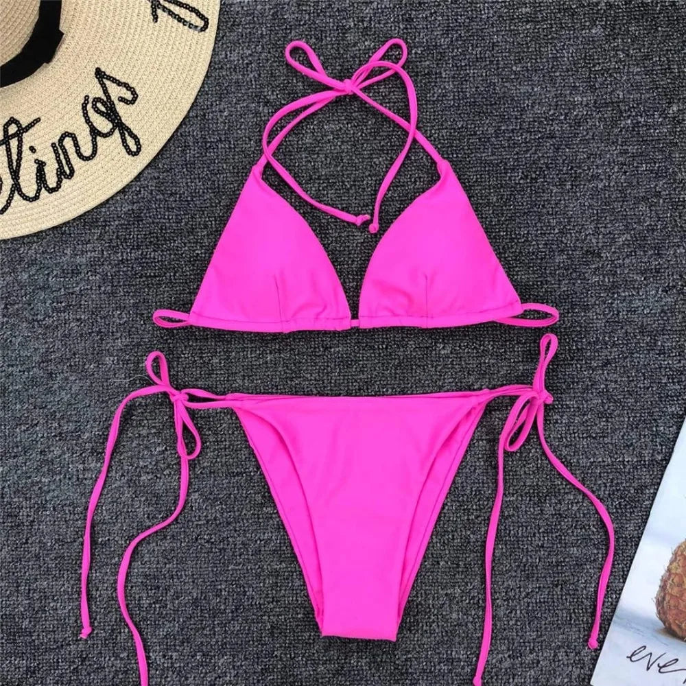 Neon Pink Brazilian Bikini Women Swimwear Halter Swimsuit Two piece Bikini set Bather Bathing Suit The Clothing Company Sydney