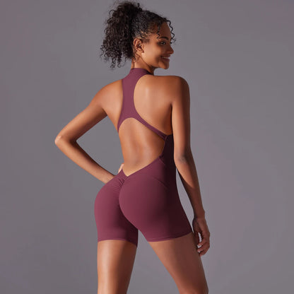 Hollow Backless Sport Jumpsuit Short Woman One Piece Gym Outfit Sleeveless Zipper Fitness Overalls Yoga Romper - The Clothing Company Sydney