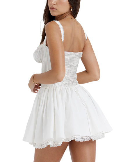 Summer Lace Floral Patchwork Corset Mini Sleeveless Square Neck Tie-up Short A-line Flowy Party Dress - The Clothing Company Sydney