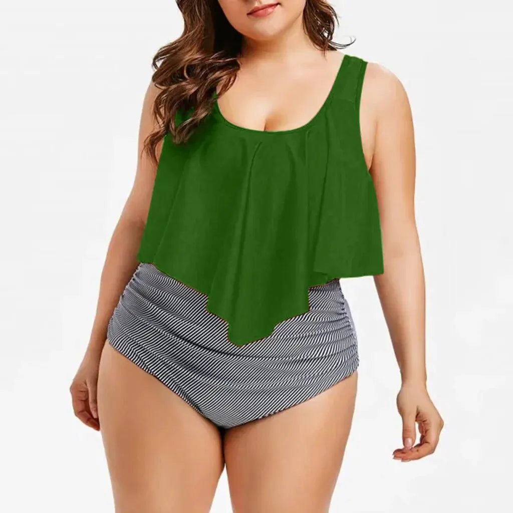 2 Piece Plus Size Swimsuit New Bikini High Waist Ruffle Edge Printed Striped Split Bikini Swimwear The Clothing Company Sydney