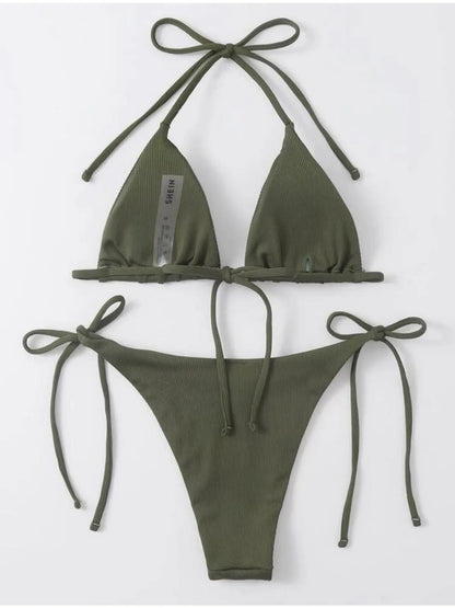 2 Piece Bathing Suit Ribbed Backless Pads Women Bikini Set Halter Triangle Bra Side Tie Thong Swimwear Set - The Clothing Company Sydney