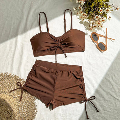 Wrinkled Knotted Shorts High Waist Bikini Swimsuit Women Swimwear Two-piece Bikini set Bather Bathing Suit