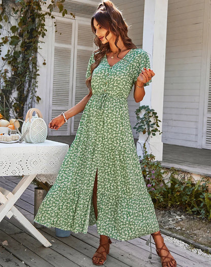 Vintage Floral Dresses for Women Elegant Loose Slit Summer Beach Holiday Leisure Long High Waist Print Dress - The Clothing Company Sydney