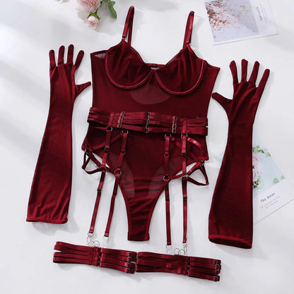 Tight Fitting Lace Bodysuit With Gloves Garter Night Club Outfit Mesh Top Lingerie Set - The Clothing Company Sydney