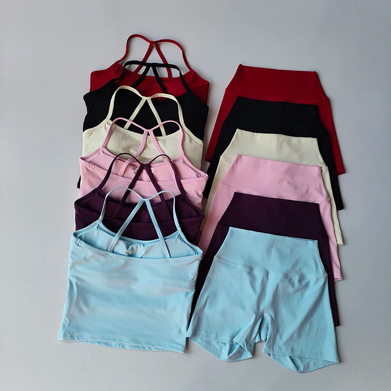 2 Piece Yoga Gym Set Halter Top Set Yoga High Waist Shorts Backless Tights Bra Vest Seamless Stretch Ribbed Shorts Set - The Clothing Company Sydney