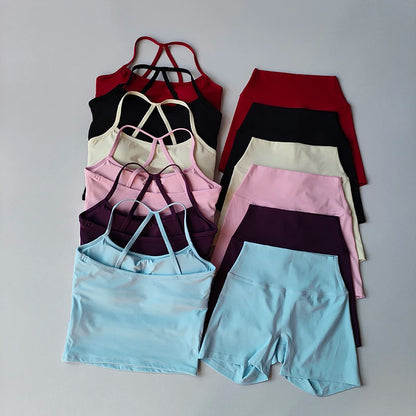 2 Piece Yoga Gym Set Halter Top Set Yoga High Waist Shorts Backless Tights Bra Vest Seamless Stretch Ribbed Shorts Set - The Clothing Company Sydney