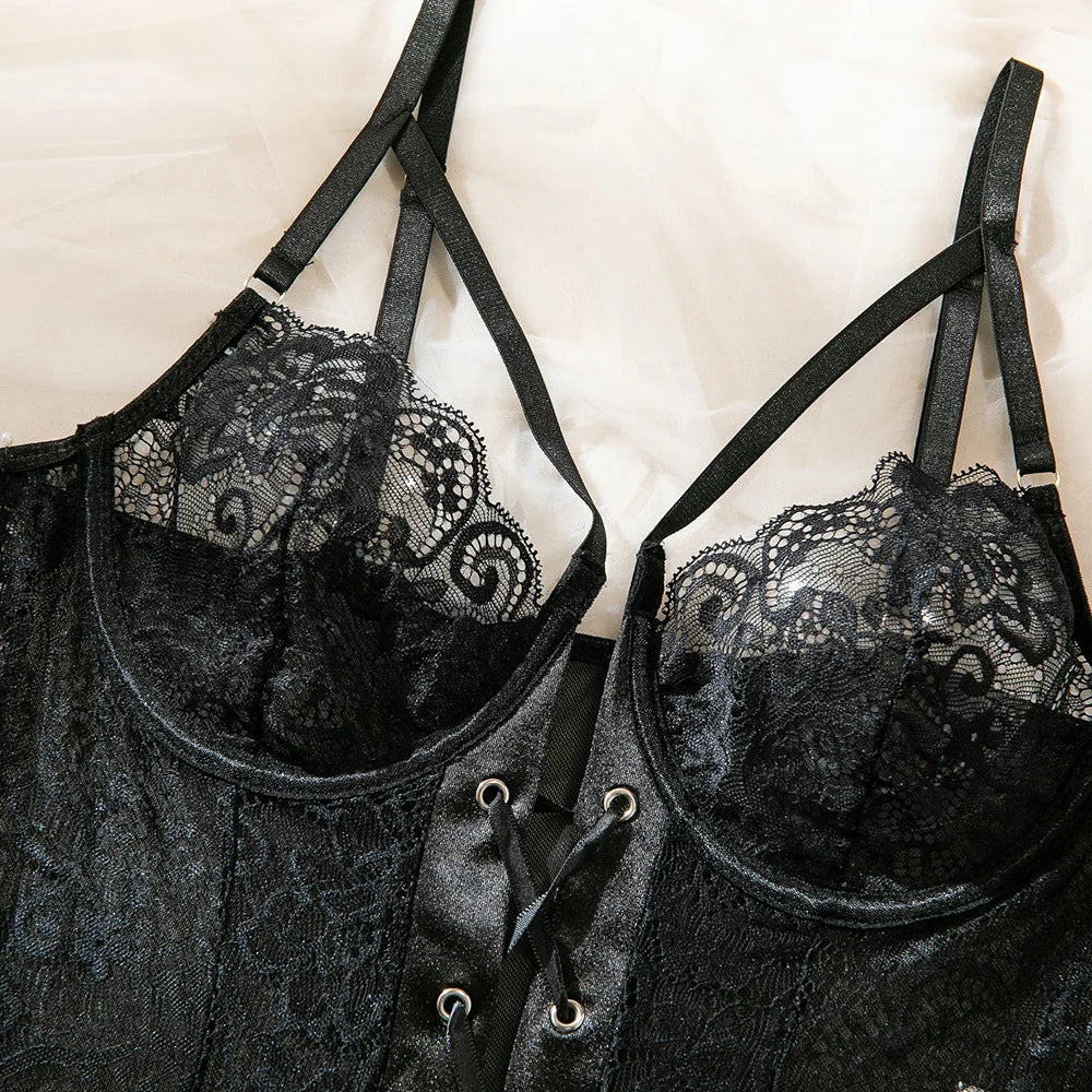 Lace Bodysuit Lace Up Costume Long Gloves Stocking See-Through Tights Lingerie Matching Outfit Set - The Clothing Company Sydney