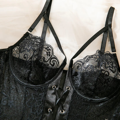 Lace Bodysuit Lace Up Costume Long Gloves Stocking See-Through Tights Lingerie Matching Outfit Set - The Clothing Company Sydney