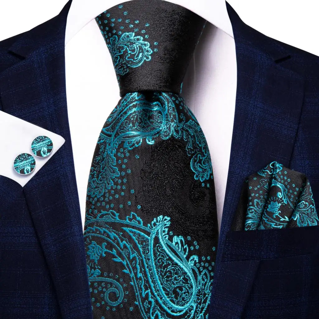 Green Paisley Silk Tie Set for Men – Necktie, Pocket Square & Cufflinks The Clothing Company Sydney