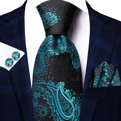 Green Paisley Silk Tie Set for Men – Necktie, Pocket Square & Cufflinks The Clothing Company Sydney