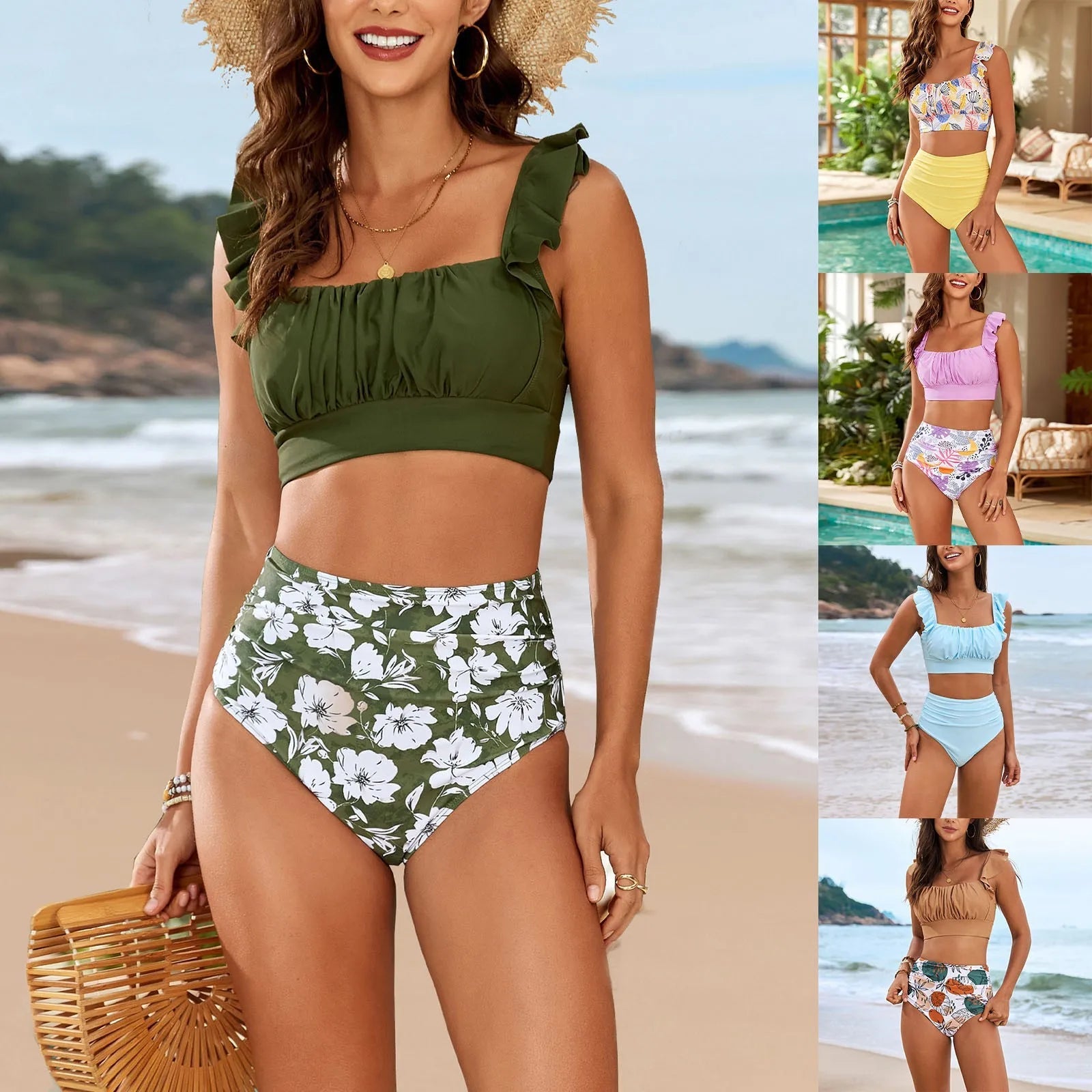 2 Piece Print Swimsuit Ruffle Swimwear Tops And High Waist Bikini Swim Shorts Beachwear The Clothing Company Sydney