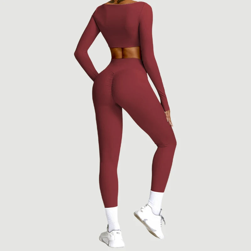 2 Piece Long Sleeve Gym Set Women Yoga Clothes Quick-Drying Sportswear Running Leggings Workout Sports Crop Top Shorts