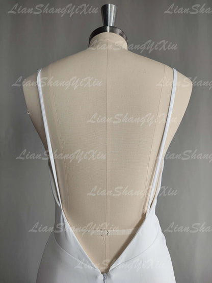 Satin Wedding Dress V-neck Spaghetti Straps Backless Formal Pleat Bridal Grown - The Clothing Company Sydney