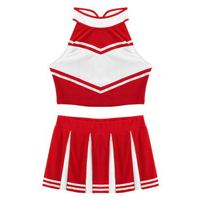 Women's Cheerleading Costume Uniform Carnival Cosplay Outfit Stand Collar Sleeveless Crop Top with Mini Pleated Skirt - The Clothing Company Sydney