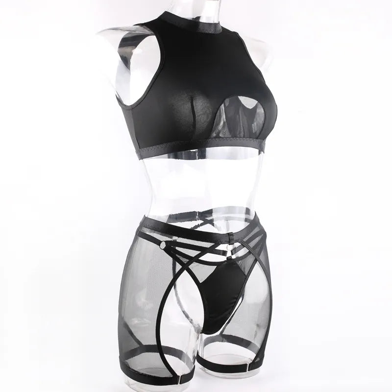 Lingerie Set Woman 3 Piece Vest Top Seamless Underwear Garter Belt Set Thong Black Intimate Exotic Set - The Clothing Company Sydney