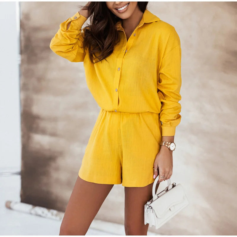 Summer Print Shorts Suits Woman Vintage Long Sleeve Shirt And Short Pants Suit Two Piece Set  Loose Casual Outfit Matching Set - The Clothing Company Sydney