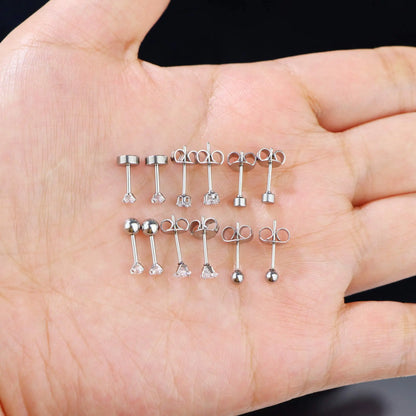 3-8mm Small Black Silver Colour Earrings Stone CZ Crystal Ear Studs Surgical Steel Cubic Unisex Accessories - The Clothing Company Sydney
