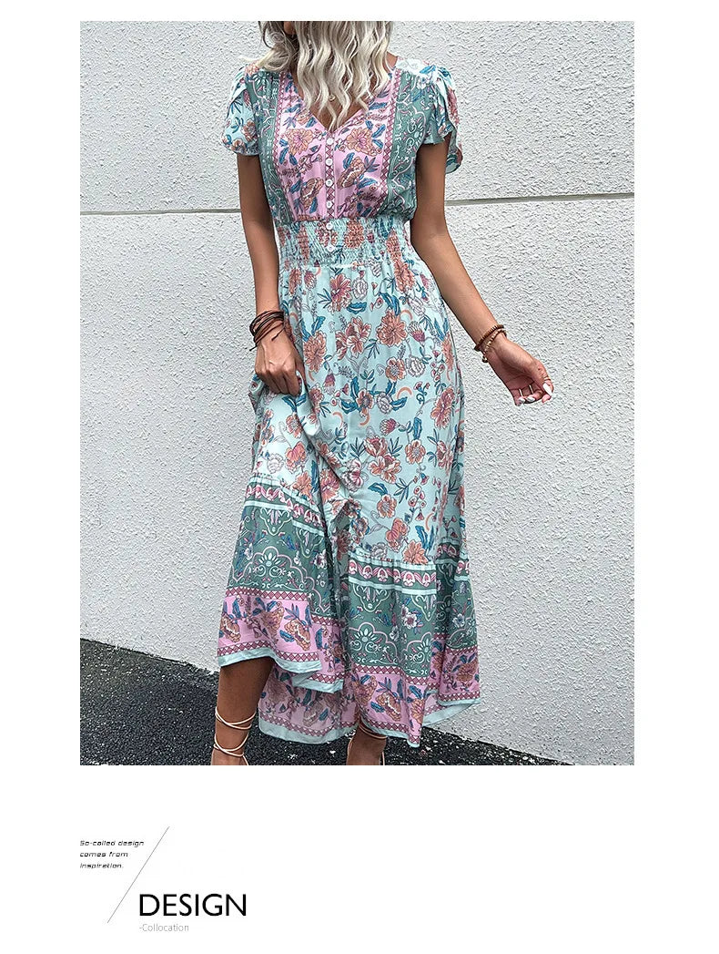 Short Sleeves V Neck Vintage Floral Boho Printed Slit Midi Dresses A Line Bohemian Summer Beach Dress - The Clothing Company Sydney