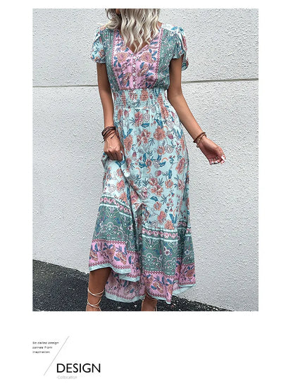 Short Sleeves V Neck Vintage Floral Boho Printed Slit Midi Dresses A Line Bohemian Summer Beach Dress - The Clothing Company Sydney