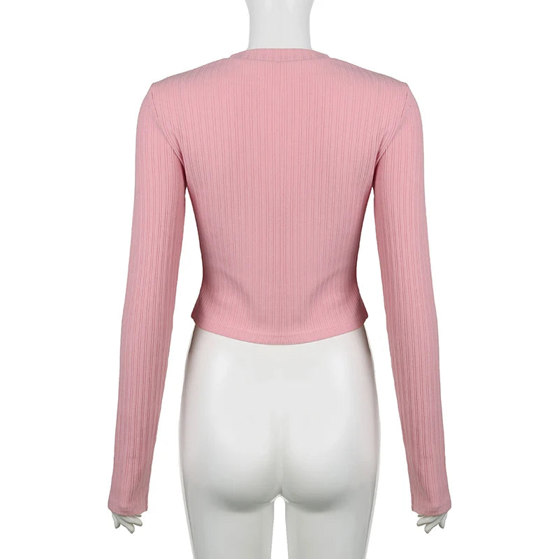 Sweet Bow Knit Spring Top Long Sleeve Pink Bow Women's T Shirts Clothes Basic Outfits - The Clothing Company Sydney