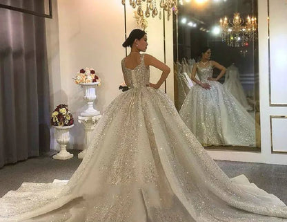 Luxurious Sparkling Sequin Wedding Dress Ball Gown Sleeveless Long Rhinestone Bridal Dress With Court Train Robes - The Clothing Company Sydney