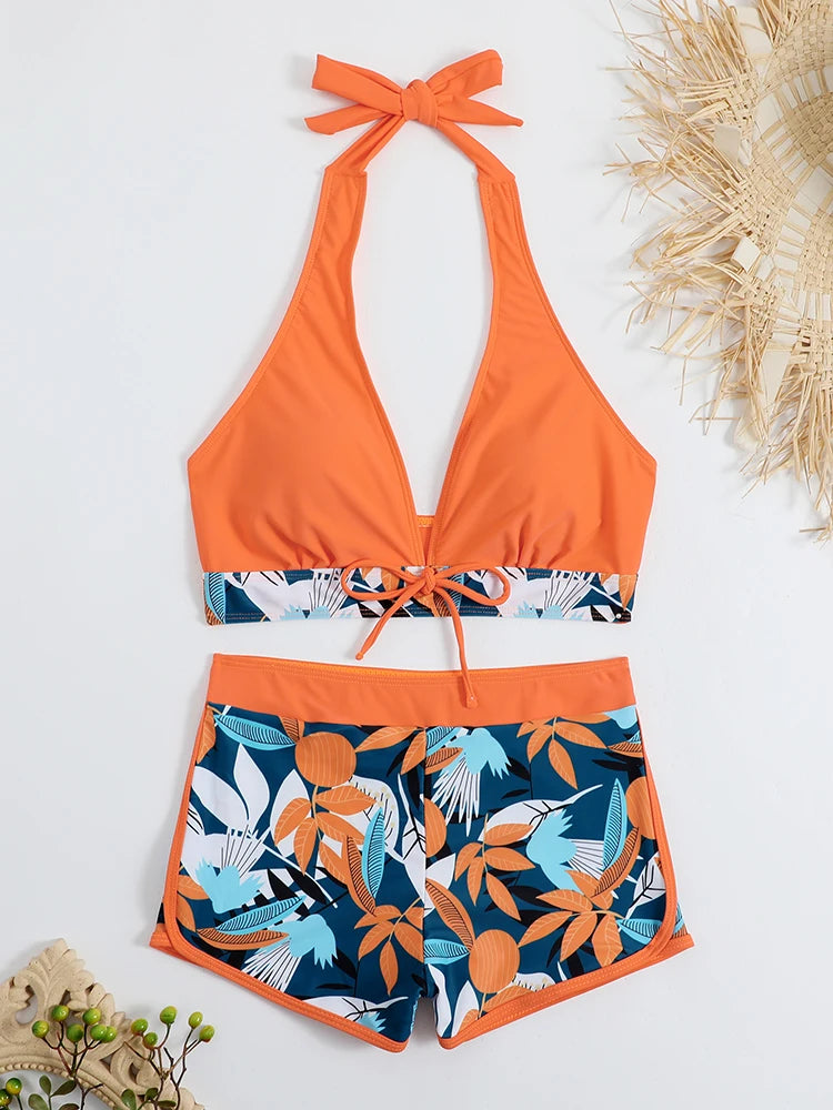 2 Piece Halter Bikini Set Shorts Swimsuit High Waist Swimwear Female Printed Bathers Swimming Bathing Swim Suit Beachwear - The Clothing Company Sydney