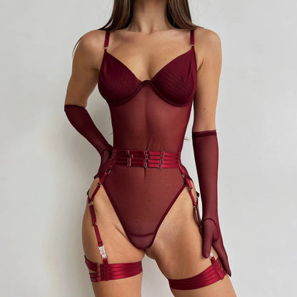 Tight Fitting Lace Bodysuit With Gloves Garter Night Club Outfit Mesh Top Lingerie Set - The Clothing Company Sydney