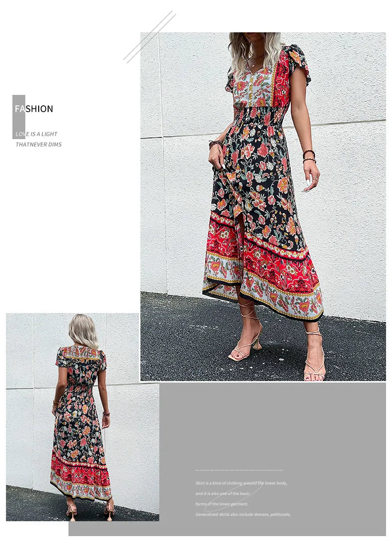 Short Sleeves V Neck Vintage Floral Boho Printed Slit Midi Dresses A Line Bohemian Summer Beach Dress - The Clothing Company Sydney