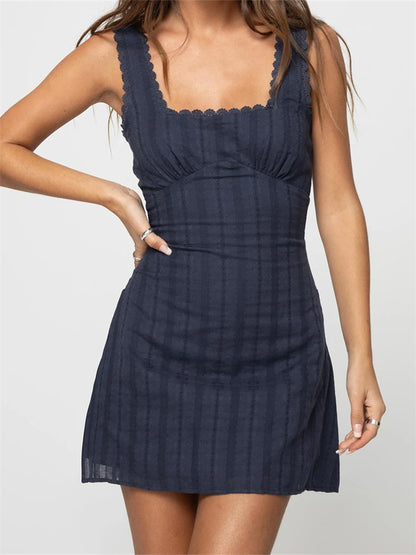 Sleeveless Short Mini Tank Square Neck Lace Trim A-line Dress - The Clothing Company Sydney