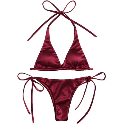 2 Piece Halter Satin Brazilian Bikini Swimwear Swimsuit Two piece Bikini set Bather Bathing Suit - The Clothing Company Sydney