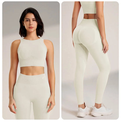Yoga Matching Outfit Set Women's High Waist Leggings and Top Two Piece Seamless Fitness Exercise Fitness Workout Activewear - The Clothing Company Sydney