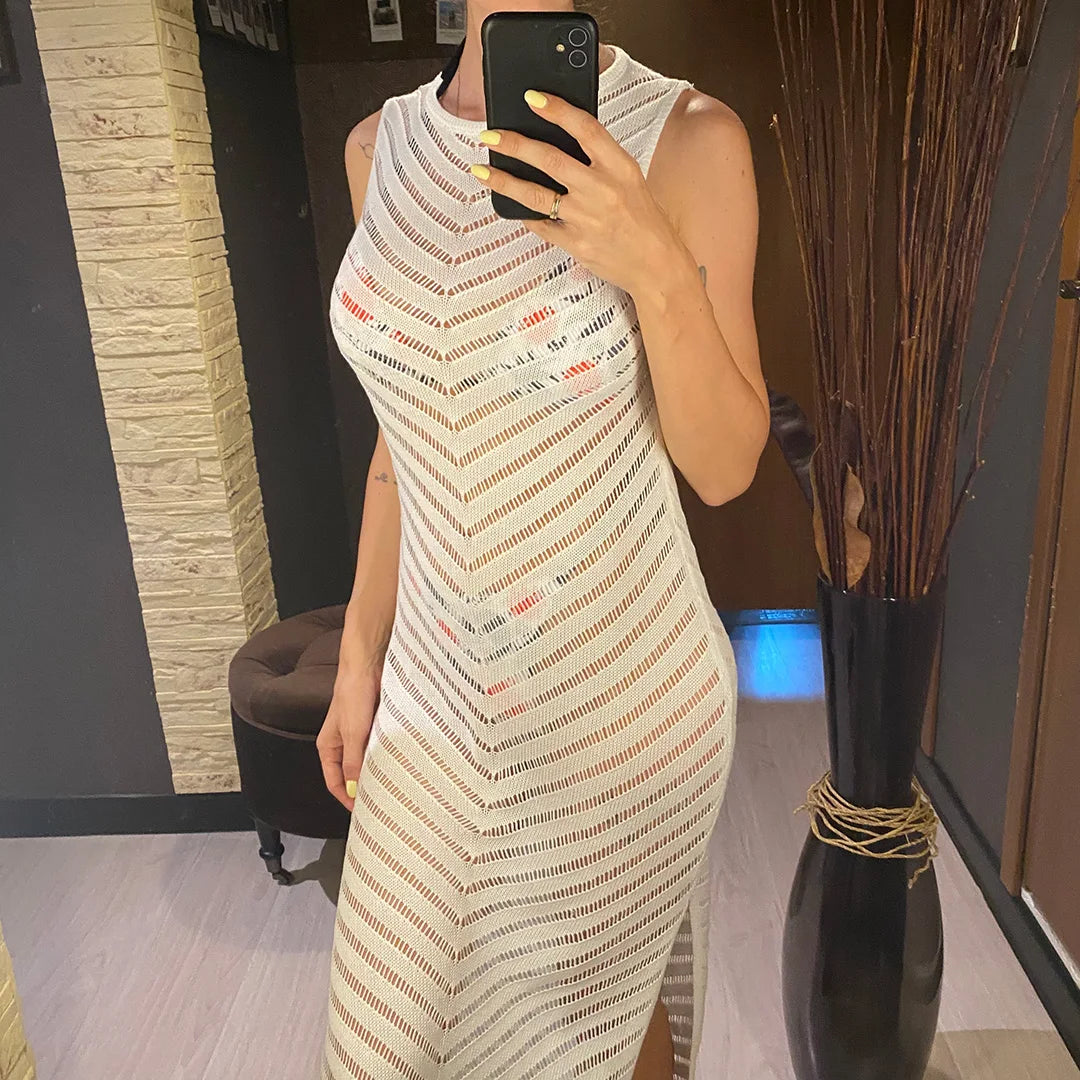 Hollow Out Sleeveless Crochet Knitted Tunic Beach Cover Up Cover-ups Mini Beach Dress Beach Wear Beachwear Female Women V6745 The Clothing Company Sydney