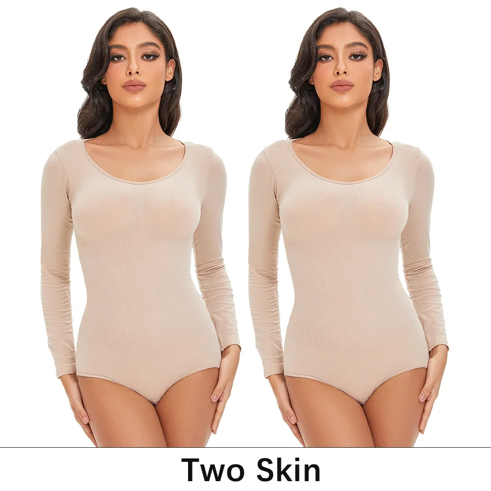 Spandex Elastic Body Suit Shapewear Women Body Shaper Long Sleeve Round Neck Seamless Shapers