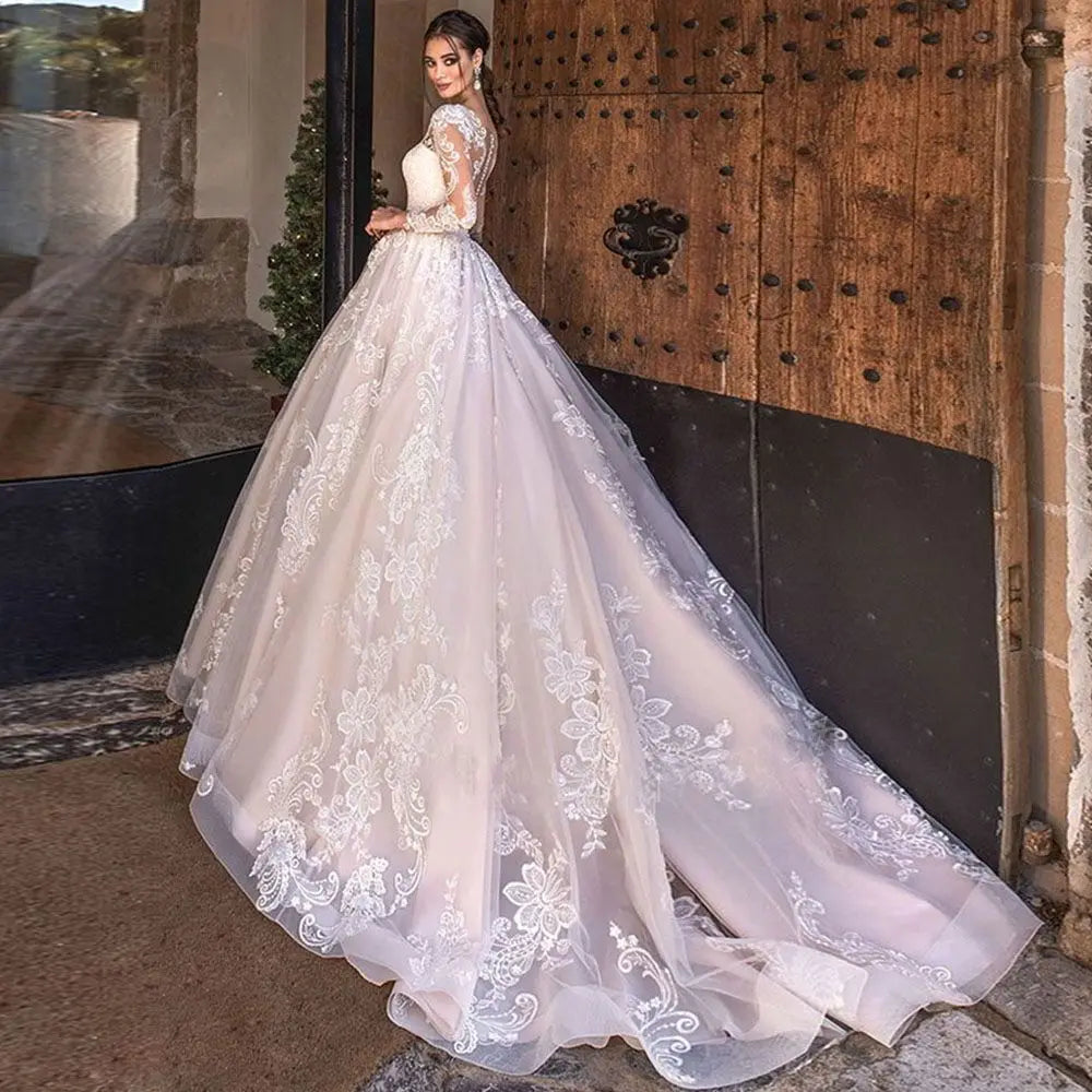 Lace Long Sleeves Bridal Gown Illusion Back Sweetheart Tulle A Line Wedding Dress - The Clothing Company Sydney