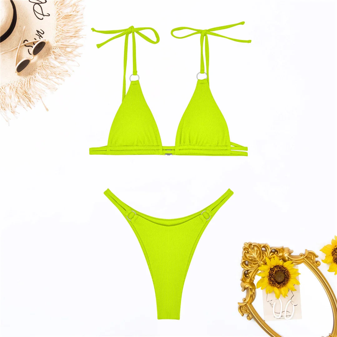 Ribbed High Leg Cut Bikini Swimwear Swimsuit Two-piece Bikini set Bather Bathing Suit - The Clothing Company Sydney