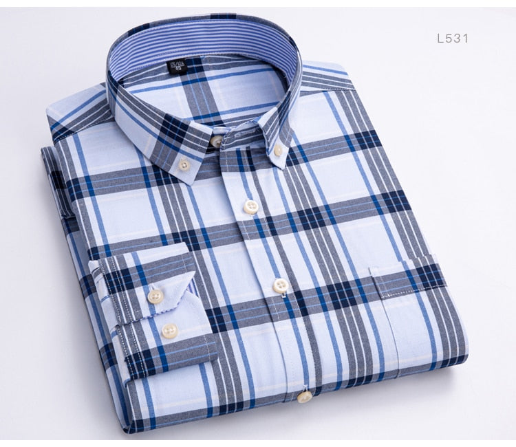 Men's Versatile Casual Checkered Oxford Cotton Shirts Single Pocket Long Sleeve Standard-fit Button Down Gingham Striped Shirt The Clothing Company Sydney