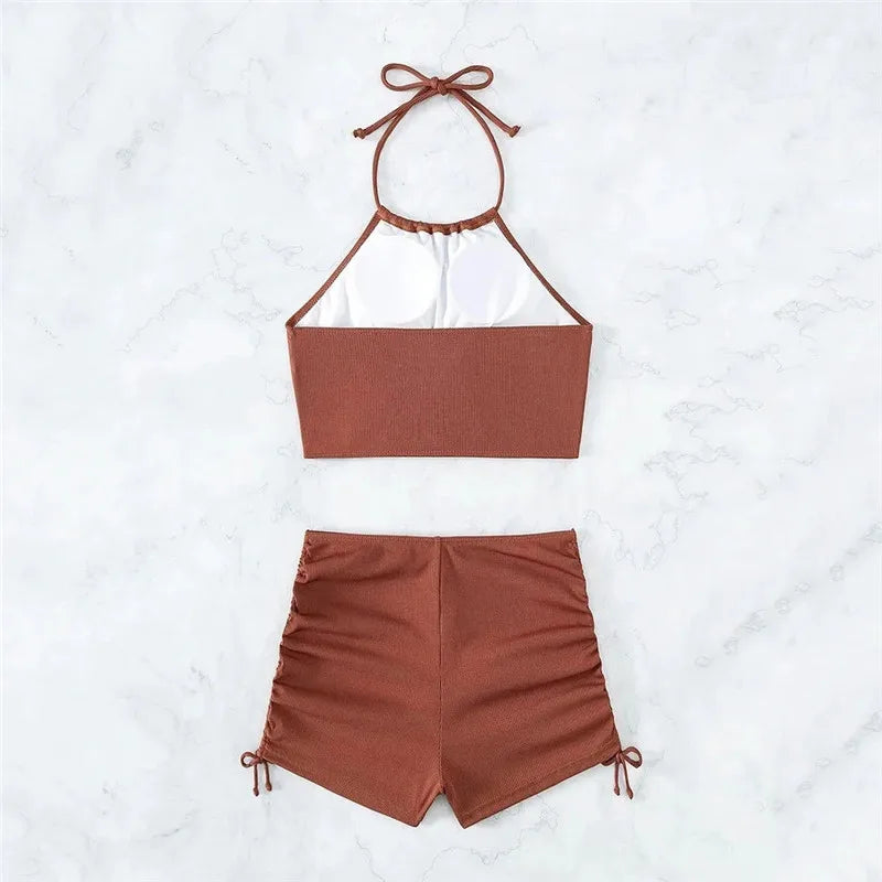 Brown Ribbed Swimwear Shorts Swimsuits Women Halter Bikinis Set String Drawstring Bathing Suit Beachwear - The Clothing Company Sydney