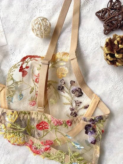 Yimunancy Floral Embroidery Lingerie Set Women Sheer 2-Piece Boho Bra + Panty Underwear Set Intimates The Clothing Company Sydney