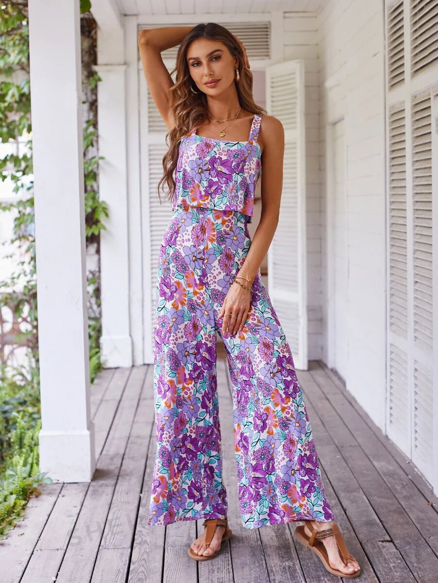 Elegant Long Women's Backless Wide Leg Jumpsuits Casual Sleeveless Floral Rompers Summer Matching Outfit Set - The Clothing Company Sydney