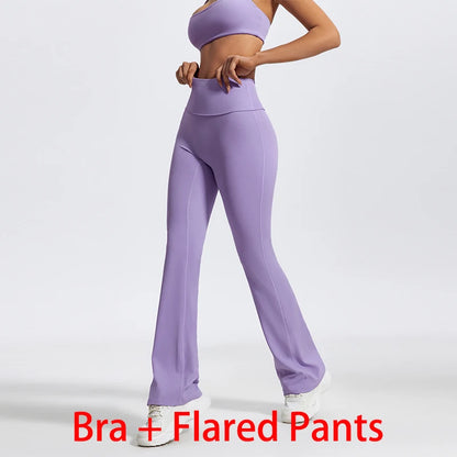 Women Two Piece Gym Workout Bra Yoga Set Shorts Fitness Wear Quick-Dry Sports Bra Flared Pants Suits - The Clothing Company Sydney