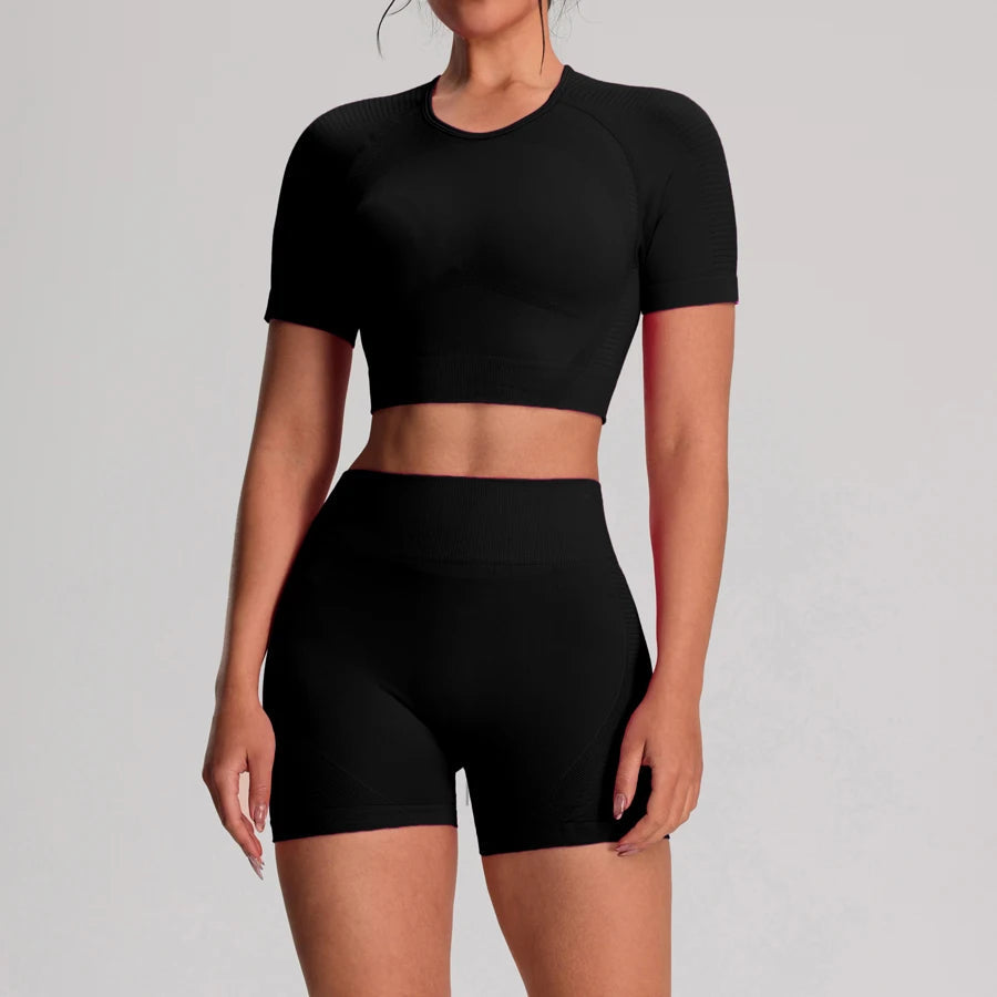 2 Piece Yoga Sport T-shirts Shorts Set Sportswear Gym Seamless Workout Vest Shorts Leggings Activewear Women's Bike Shorts The Clothing Company Sydney